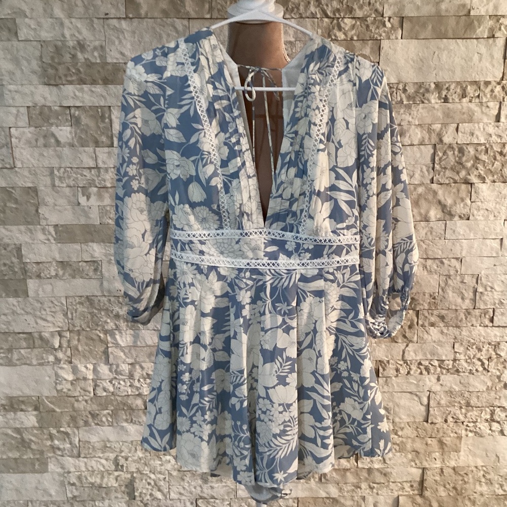 Indikah Blue and White Floral Romper (NWT)